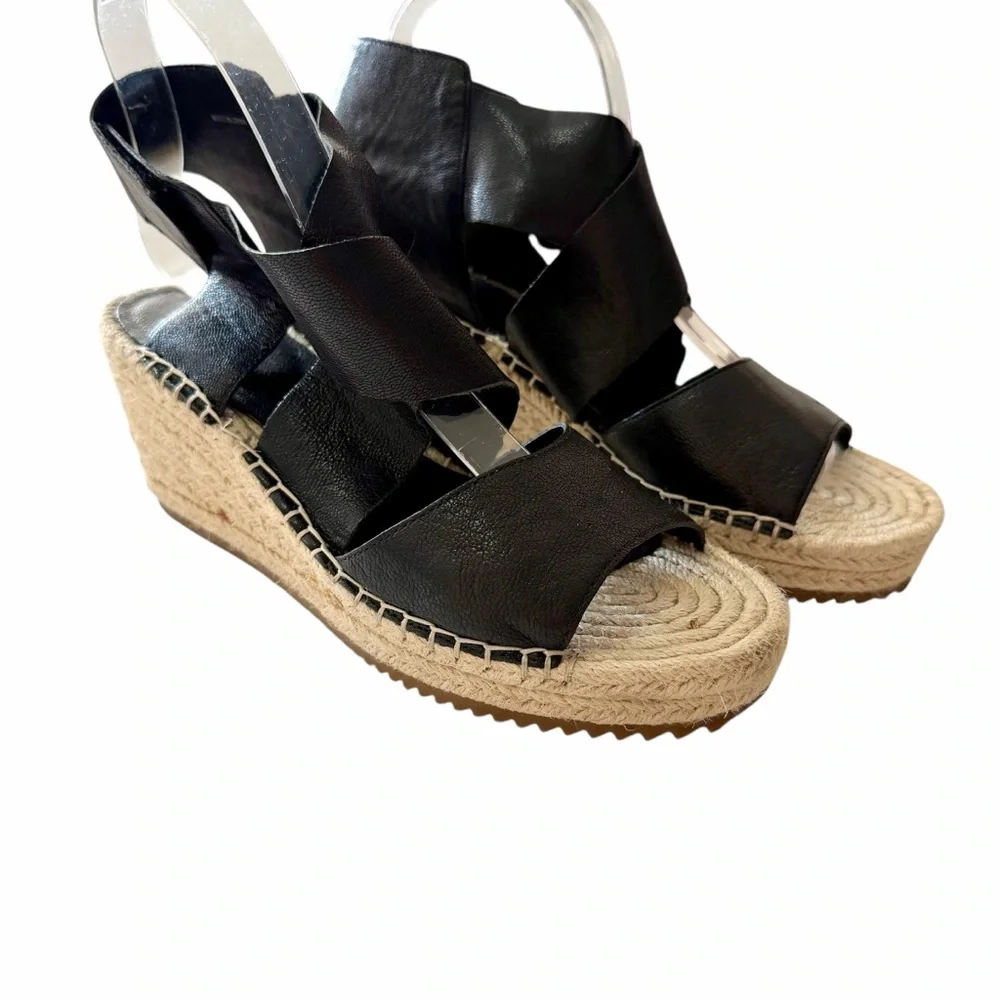 Eileen Fisher Willow Black Wedge Espadrille Platform Leather Sandals Size 8